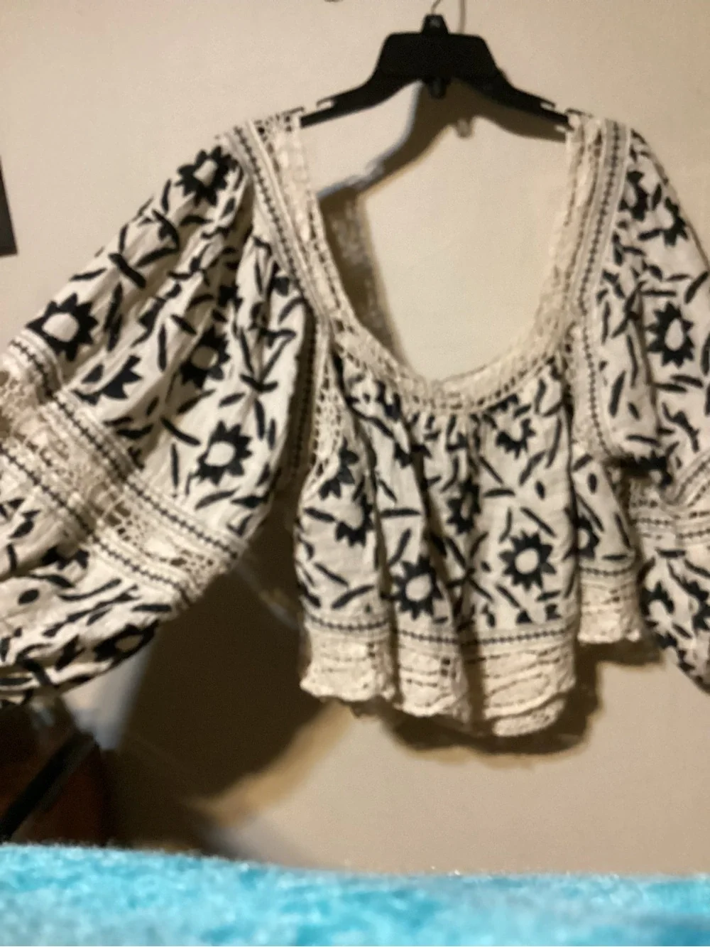 Free People Boho Cream Tunic with Black Floral Embroidery Size L